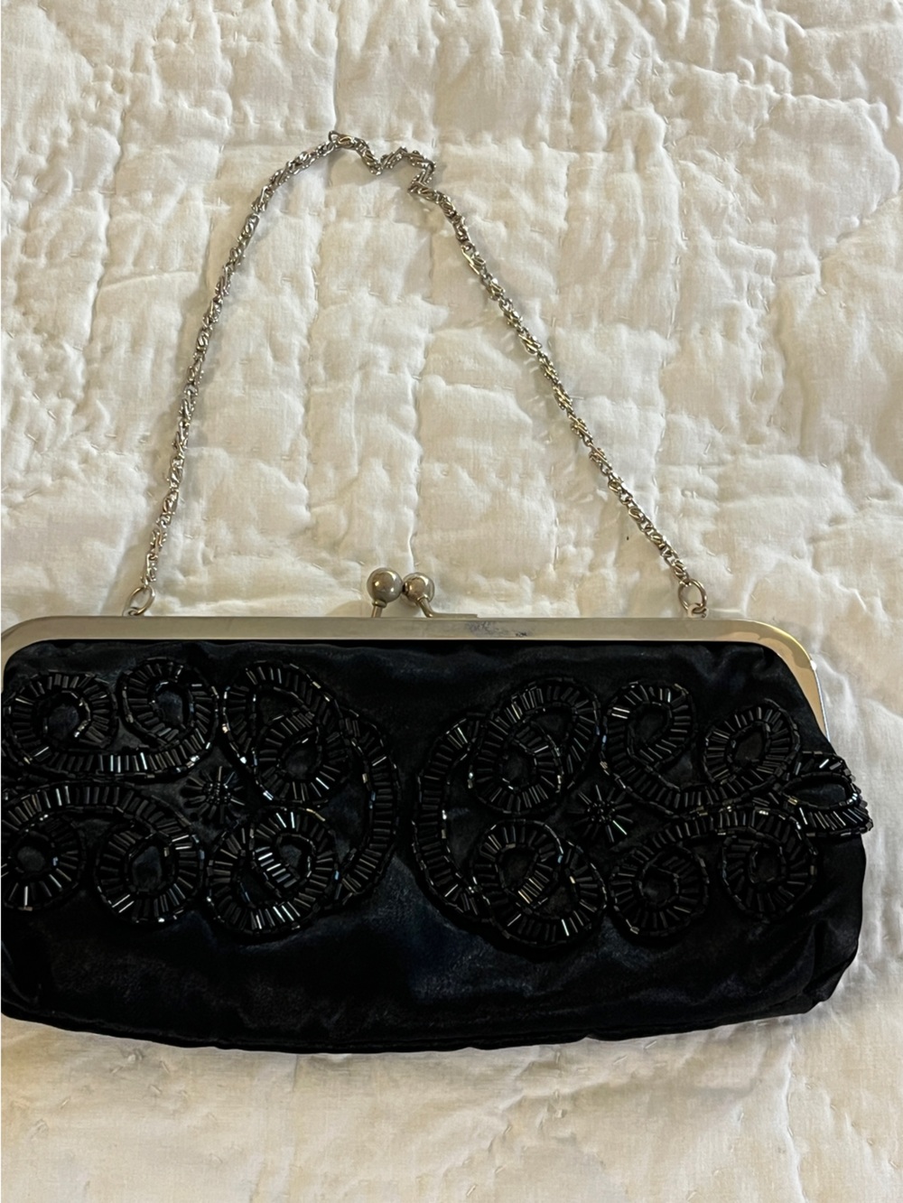 Bijoux Terner Black Beaded Clutch with Silver Chain